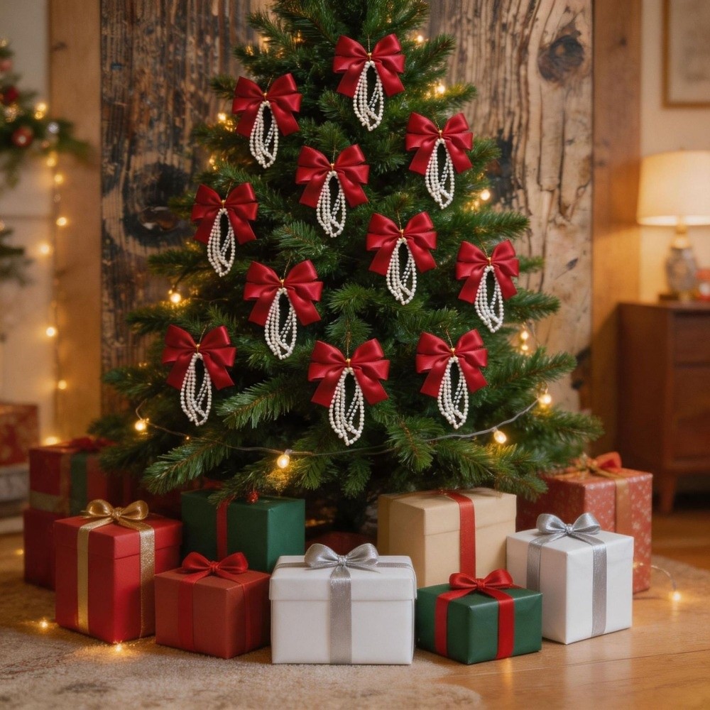 Gift Box Wrap Set - 12'li Set Noel Ağacı Fiyonkları Altın